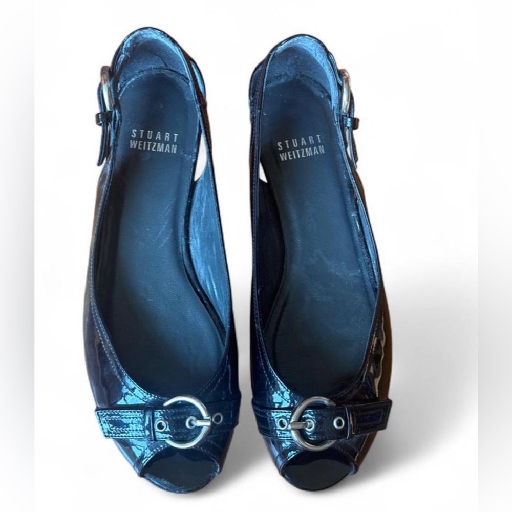 Stuart Weitzman Black Patent Leather Slingback Peep-Toe Flats